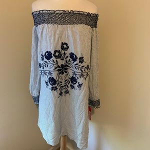 New blue stripe with floral embroidery dress